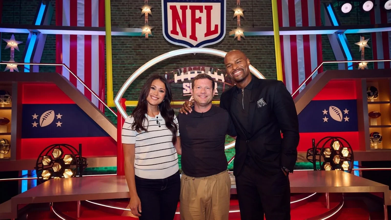 Promotional image of Dermot O'Leary, Osi Umenyiora and Sam Quek for NFL on 5
