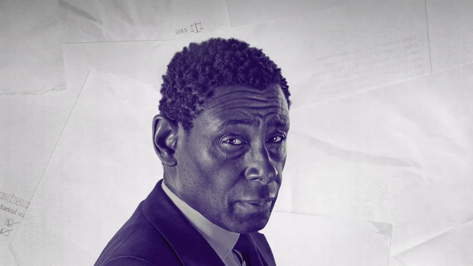 Key art for Channel 4 drama Pierre. Close  up of a man against a white background.