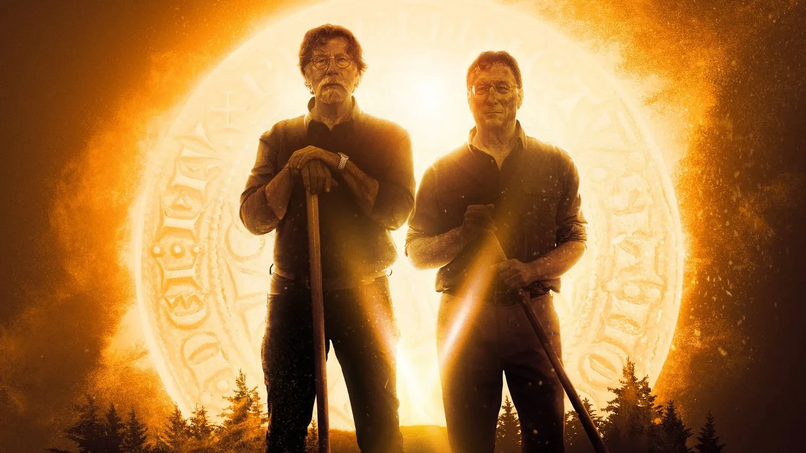The Curse of Oak Island promotional image featuring two treasure hunters standing before a glowing mysterious symbol in a dramatic golden landscape.