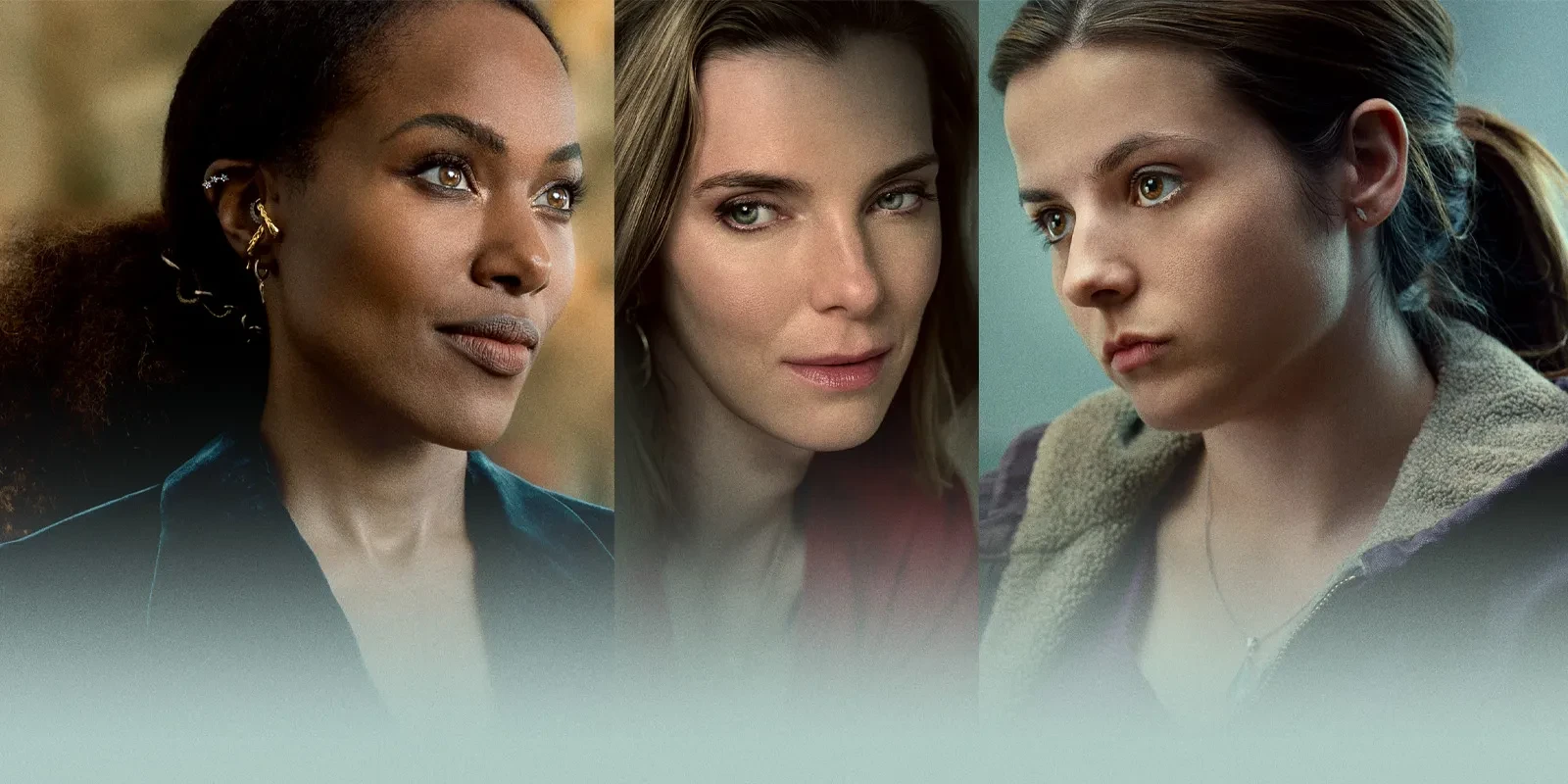 Close up of three different women of different ages looking away from the camera. Key art for the tv show Three Women.