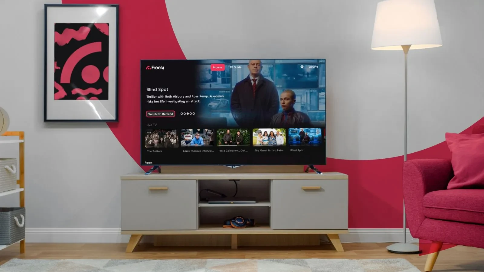 Freely TV in living room shows Blind Spot tv show