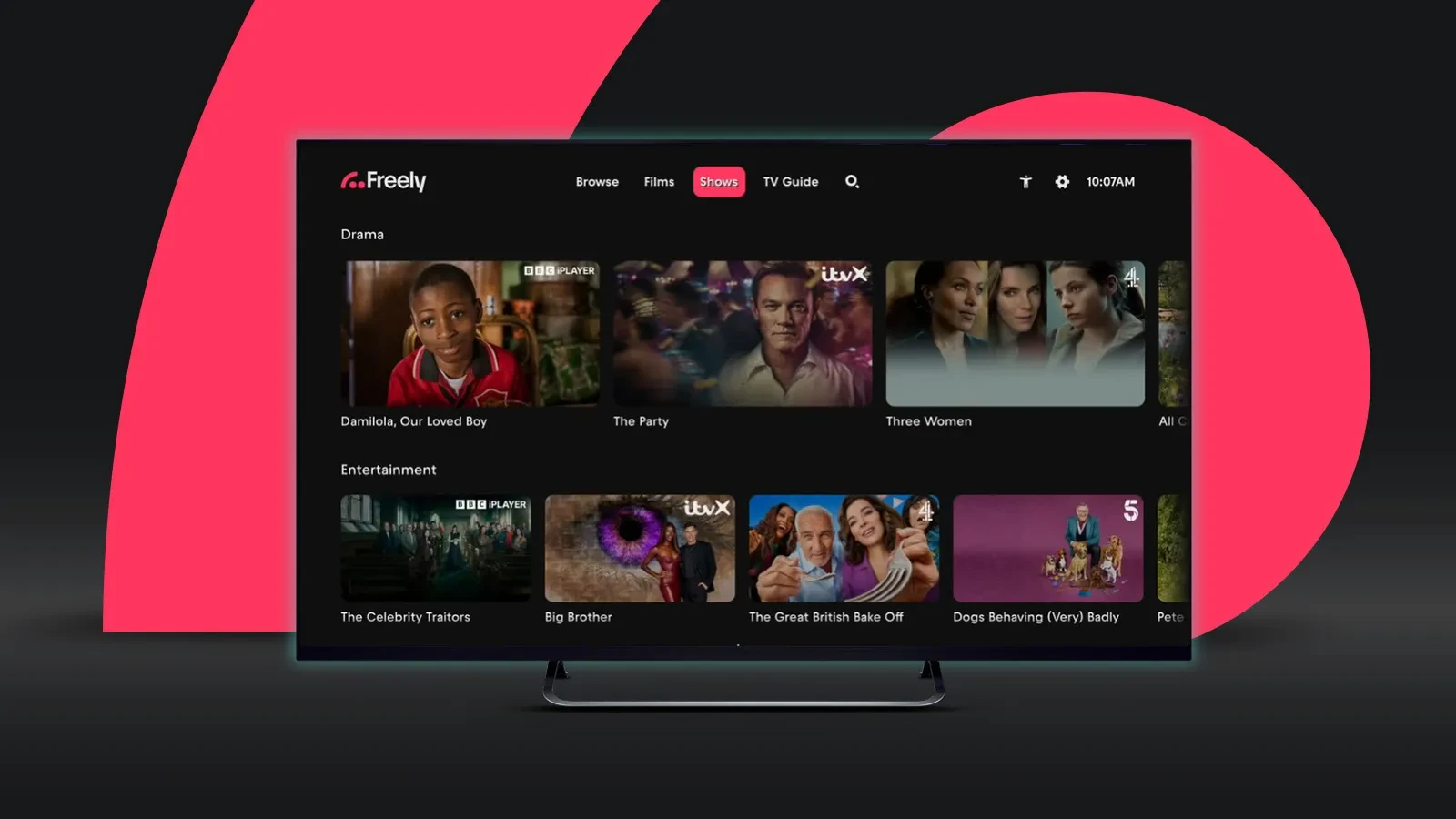 Freely TV platform displaying featured free TV shows from BBC iPlayer, ITVX, Channel 4 and Channel 5, including Damilola, Our Loved Boy, The Party, Three Women, Celebrity Traitors, Big Brother and The Great British Bake Off.
