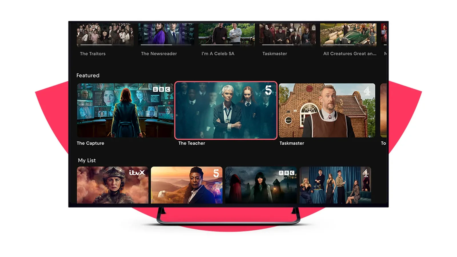 Freely TV streaming interface showing personalised recommendations and trending shows, including Trigger Point, Ellis, Celebrity Traitors and Made in Chelsea.