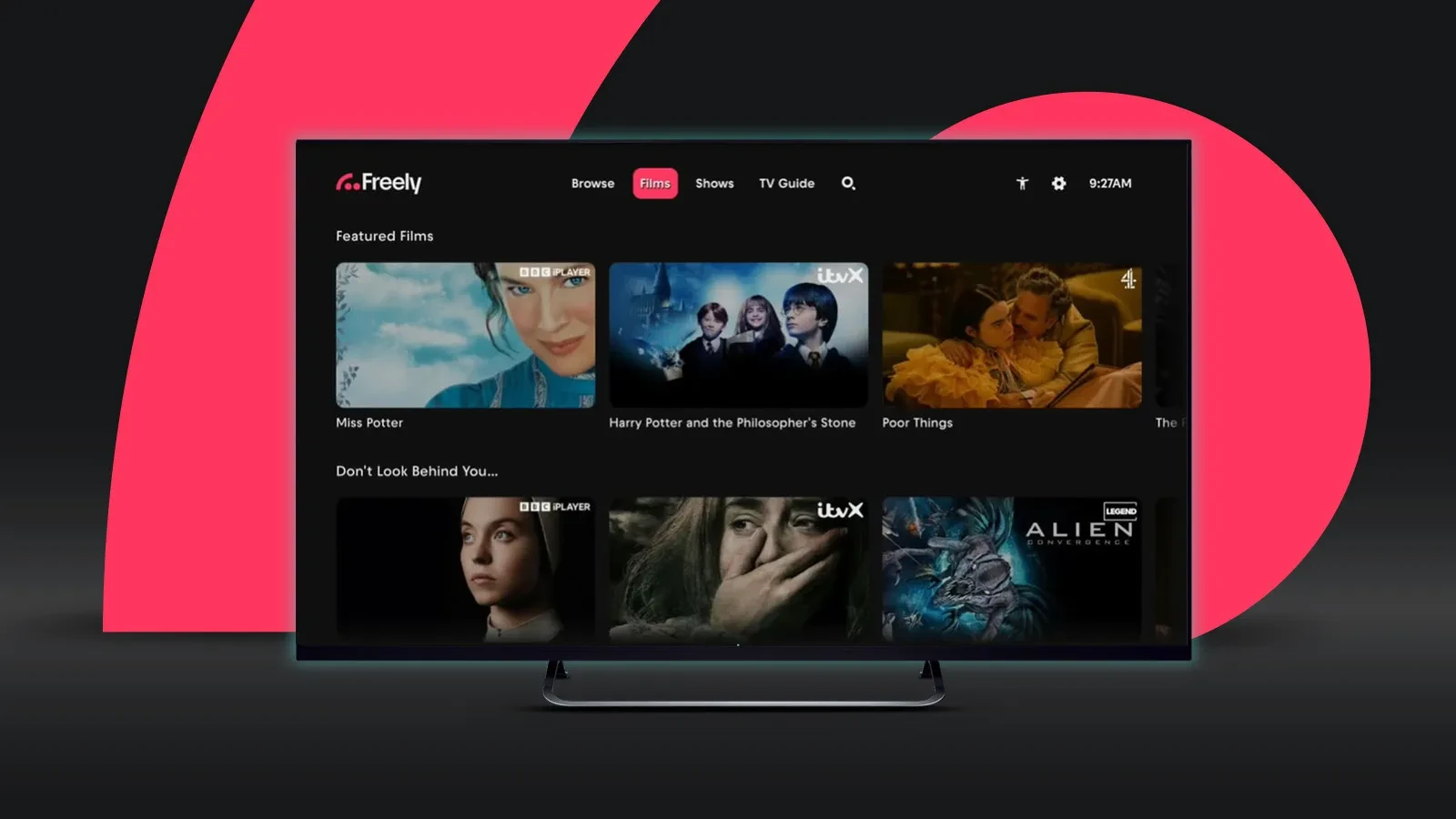 Freely TV platform displaying featured free films from BBC iPlayer, ITVX and Channel 4, including Miss Potter, Harry Potter and the Philosopher's Stone, Poor Things and other movies available to stream for free.