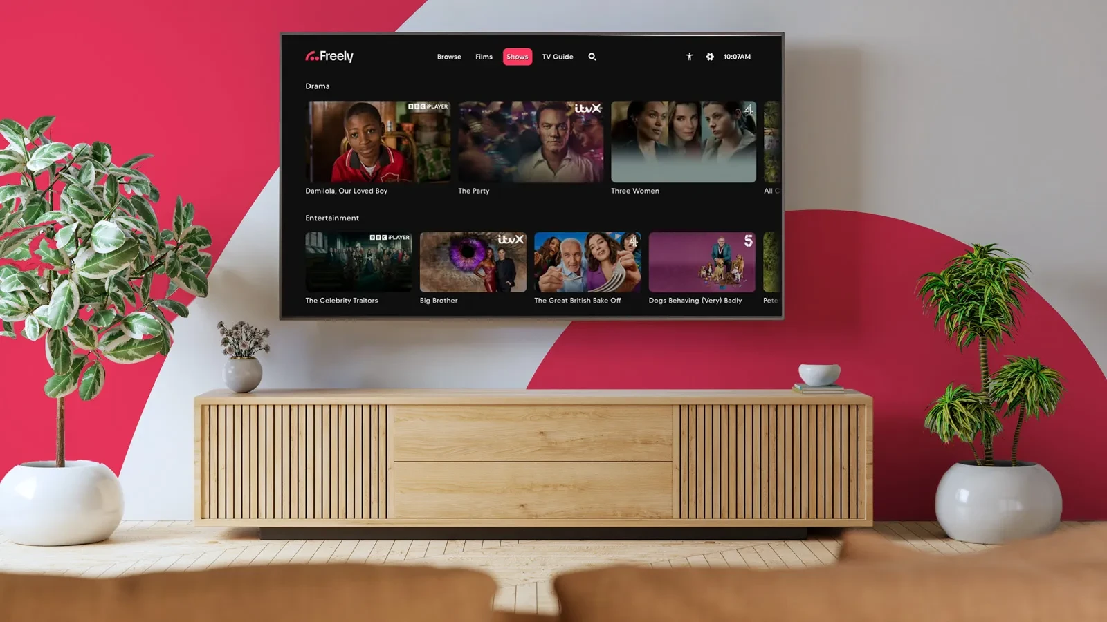 Freely TV guide shows section featuring free streaming programmes including Damilola, Our Loved Boy, The Party, Three Women, Celebrity Traitors, Big Brother and The Great British Bake Off.