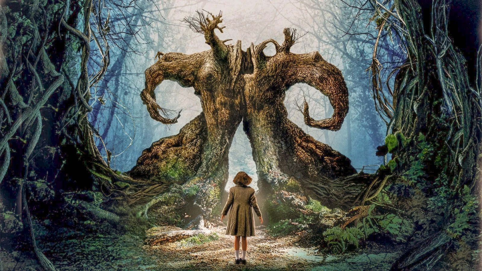 A young girl walking towards a mystical treat at night time