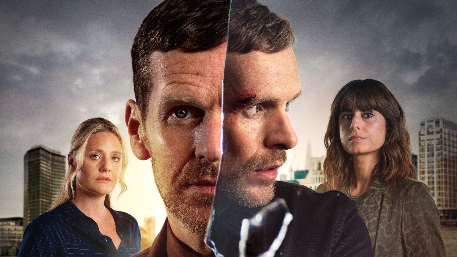 Dramatic cityscape backdrop with three people in a tense thriller setting.