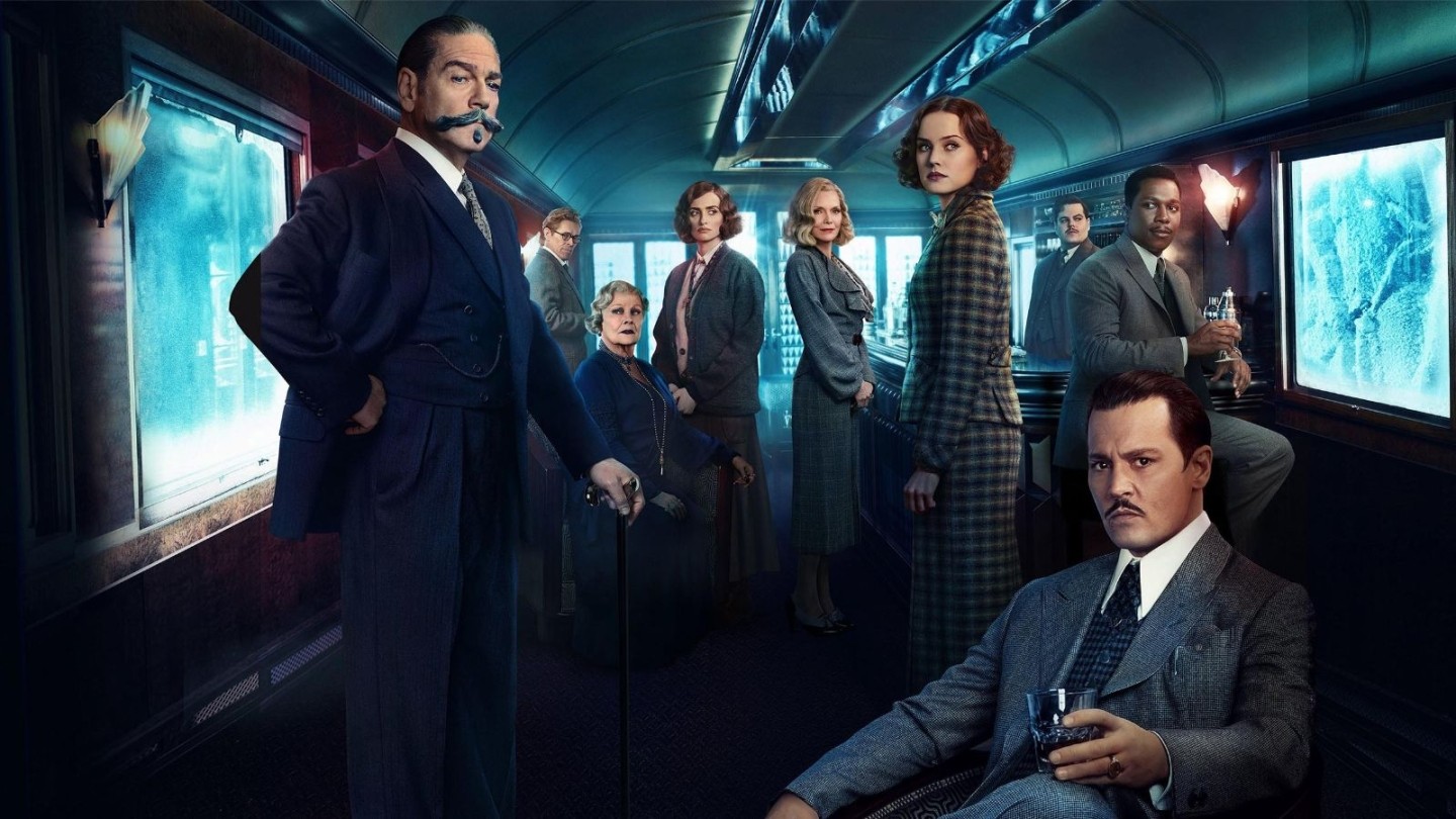 Promotional art from the 2017 film Murder on the Orient Express, showing a group of elegantly dressed passengers inside a luxurious train carriage with dark wood panelling, blue lighting, and frosted windows.