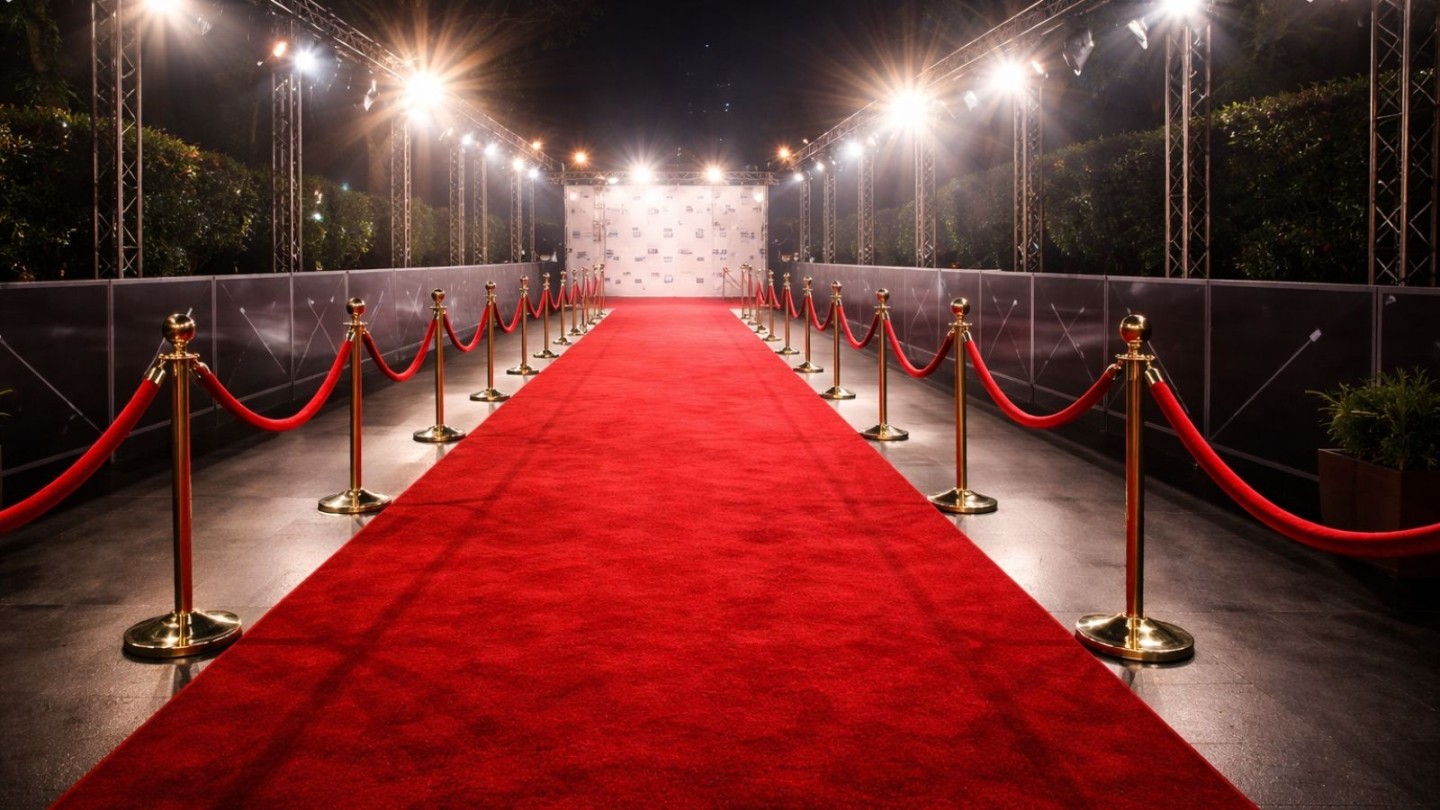 Empty red carpet walkway at an event, lined with gold stanchions and red ropes, bright overhead lights, and a backdrop at the far end.