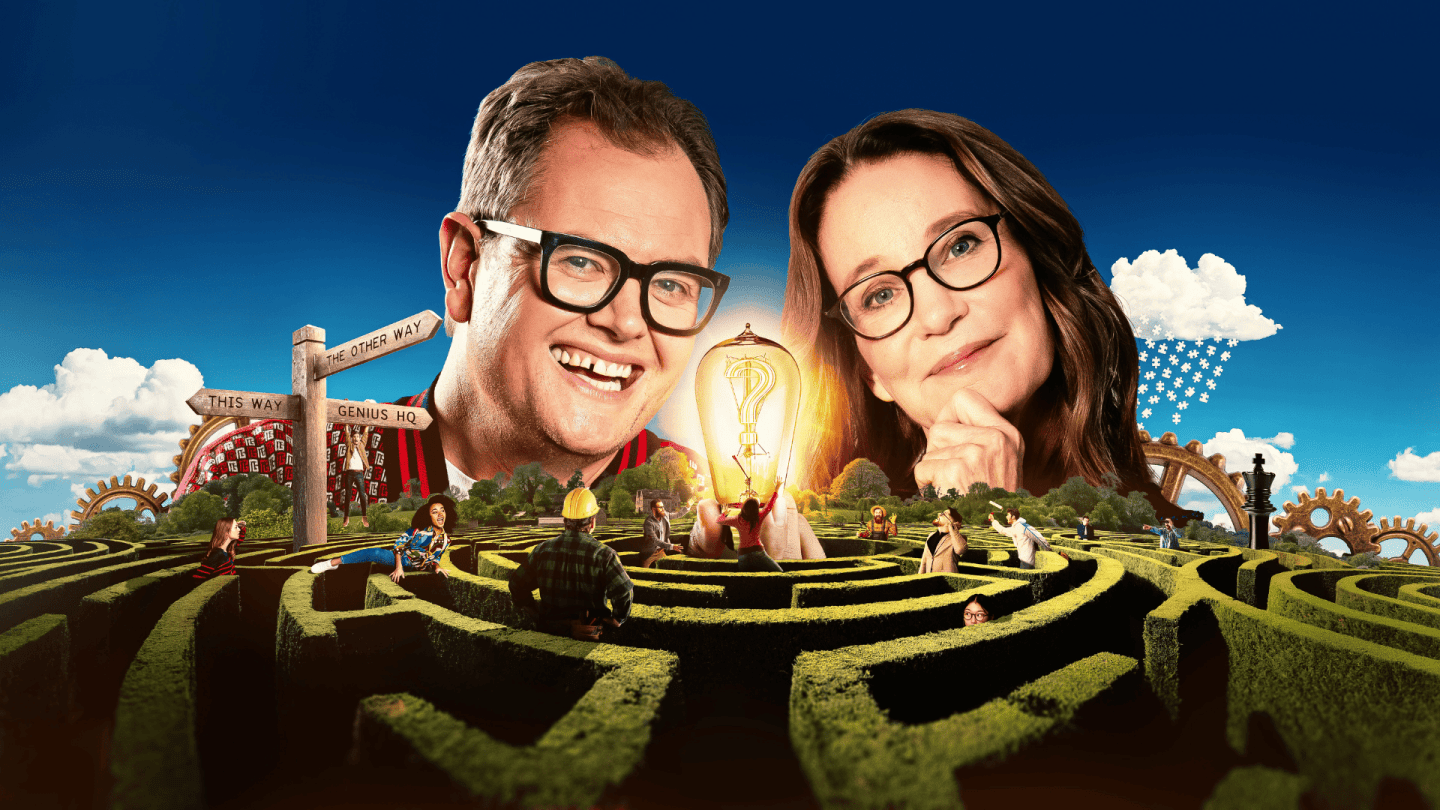 Alan Carr and Susie Dent's faces in front of a blue sky with a maze filled with a lightbulb bellow them