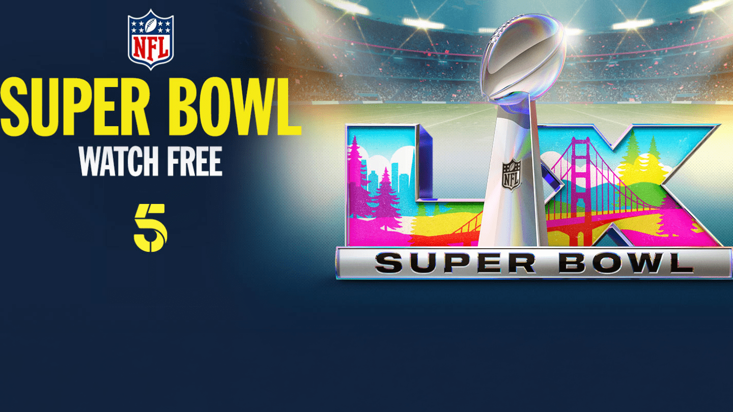 A promotional graphic for the Super Bowl featuring the NFL logo and large yellow text reading 'Super Bowl – Watch Free' on a dark blue background. On the right side, a football stadium with fireworks is shown behind a shiny Lombardi Trophy and a colorful 'LIX' Super Bowl logo that includes stylized illustrations of trees, hills, and a bridge.