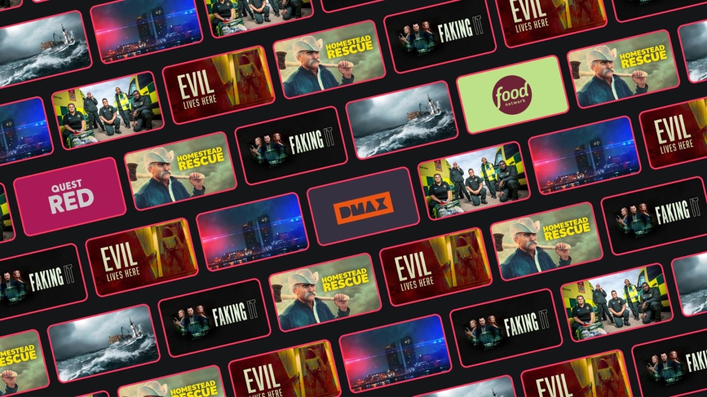 A collage of TV show tiles featuring Discovery-owned channels and programmes, including Homestead Rescue, Faking It, Evil Lives Here, and emergency rescue scenes, alongside Quest Red, DMAX, and Food Network logos, arranged in a diagonal grid on a dark background.