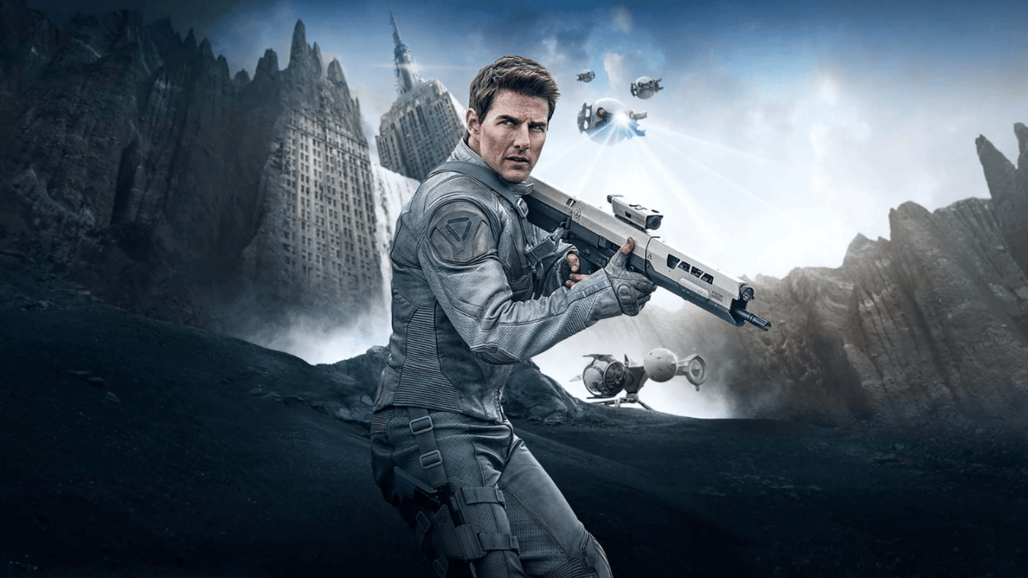 Tom Cruise holding a dystopian style weapon against a fallen city background for the film oblivion