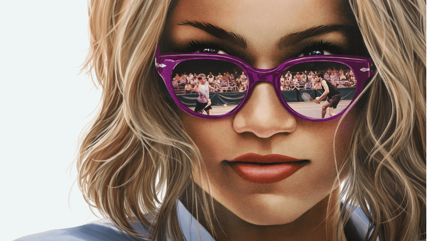 Close up of a woman wearing purple sunglasses with the reflection of a tennis match in them. Key art for Zenday's film Challengers