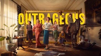 6 aristocratic women in a lavish living room with one sat on a horse and text in yellow that reads outrageous