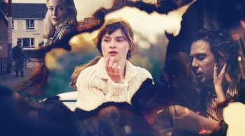 Lola Petticrew in the middle of an image with Gillian Anderson cropped in the top left and Tom Cullen kissing Lola Pettcriew in the bottom left, key art for Channel 4s drama Trespasses