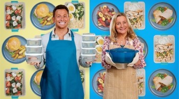 Two people wearing aprons stand in front of colourful meal prep backgrounds; one holds several stacked food containers while the other carries a large blue cooking pot, surrounded by images of fresh, home‑cooked dishes and packed lunches.