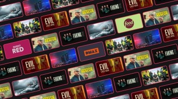 A collage of TV show tiles featuring Discovery-owned channels and programmes, including Homestead Rescue, Faking It, Evil Lives Here, and emergency rescue scenes, alongside Quest Red, DMAX, and Food Network logos, arranged in a diagonal grid on a dark background.