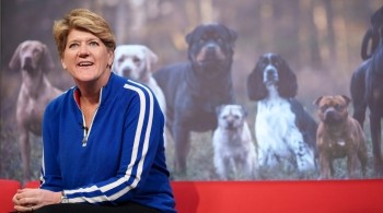 Crufts hosted by Clare Balding, who sits in front of a screen showing dogs