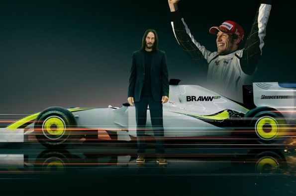 Promotional image for the documentary series Brawn: The Impossible Formula 1 Story. In the center, host Keanu Reeves stands in front of a Brawn BGP 001 Formula 1 car