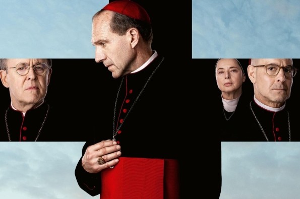  Promotional poster for the film Conclave. From left to right: John Lithgow as Cardinal Tremblay, Ralph Fiennes as Cardinal Lawrence, Isabella Rossellini as Sister Agnes, and Stanley Tucci as Cardinal Bellini