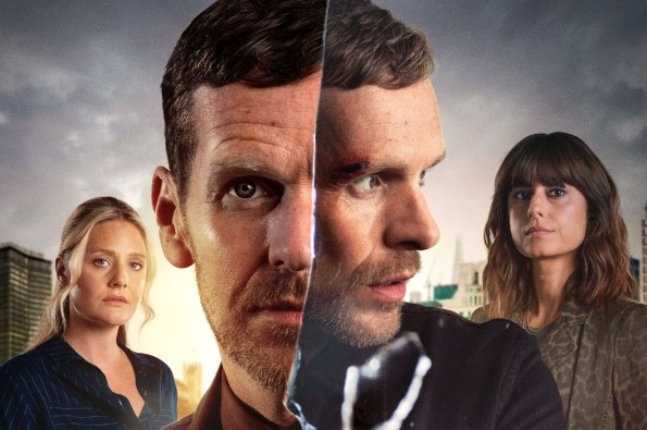 Dramatic cityscape backdrop with three people in a tense thriller setting.