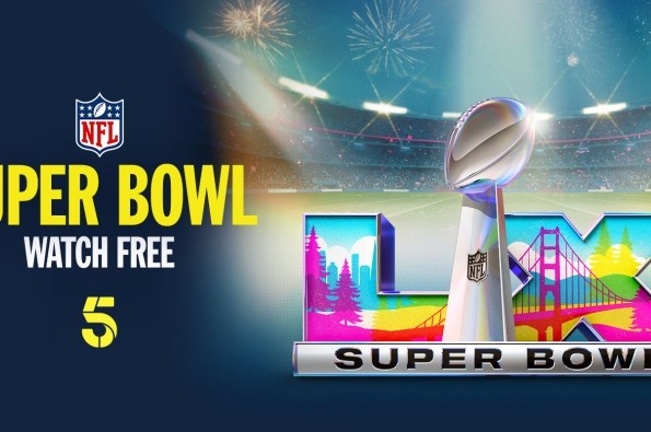 A promotional graphic for the Super Bowl featuring the NFL logo and large yellow text reading 'Super Bowl – Watch Free' on a dark blue background. On the right side, a football stadium with fireworks is shown behind a shiny Lombardi Trophy and a colorful 'LIX' Super Bowl logo that includes stylized illustrations of trees, hills, and a bridge.