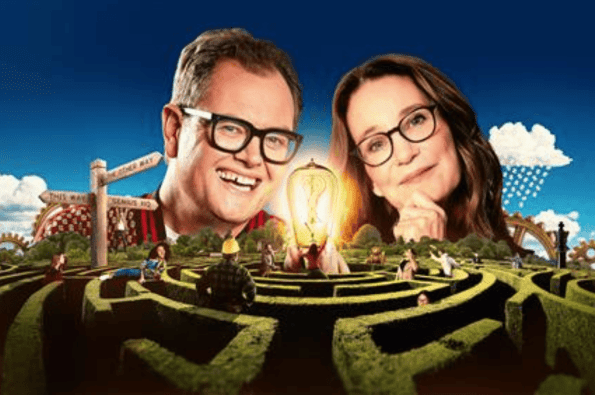 Alan Carr and Susie Dents faces against a blue sky with a light bulb in a maze below them