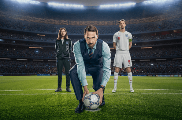 Joseph Fiennes stood in a smart outfit holding a football on a football pitch with a female coach behind him to the left and an England football player to the right