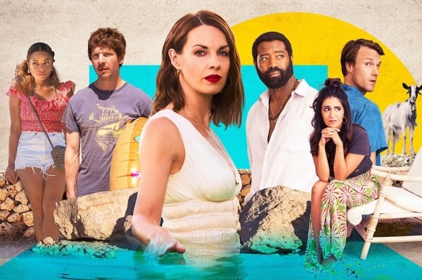 Promotional artwork for the drama series Two Weeks in August, showing a group of people arranged outdoors around stone walls and water, with bold graphic sun shapes and summer-themed styling in the background.