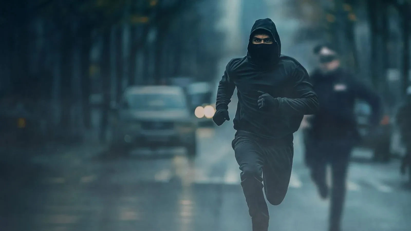 Man with a hood running from the police