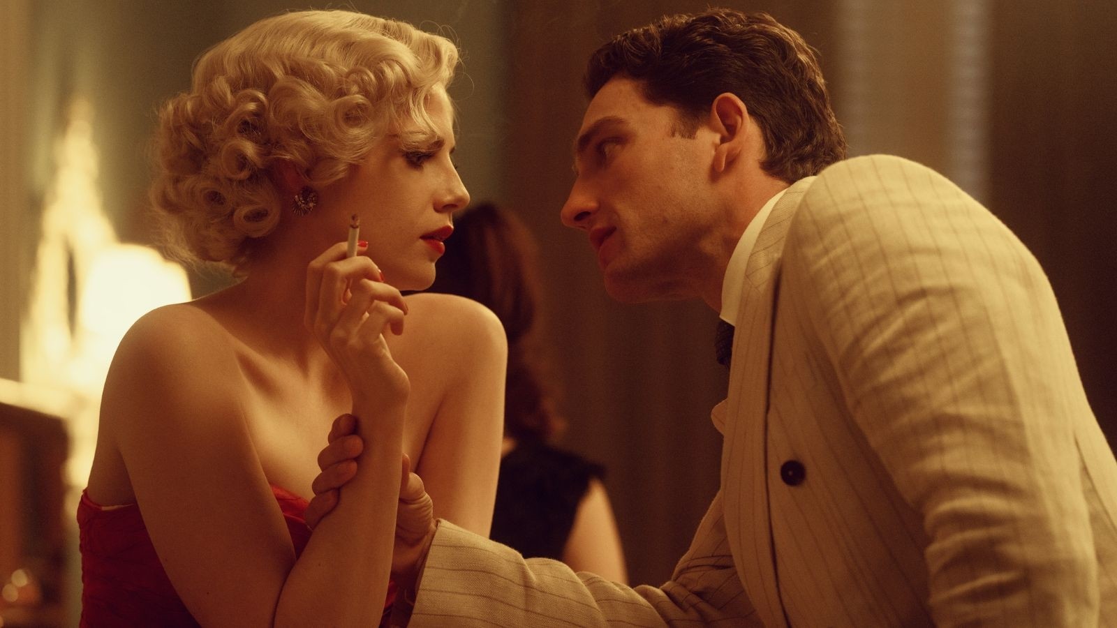 Lucy Boynton and Laurie Davies in a bar in A Cruel Love: The Ruth Ellis story