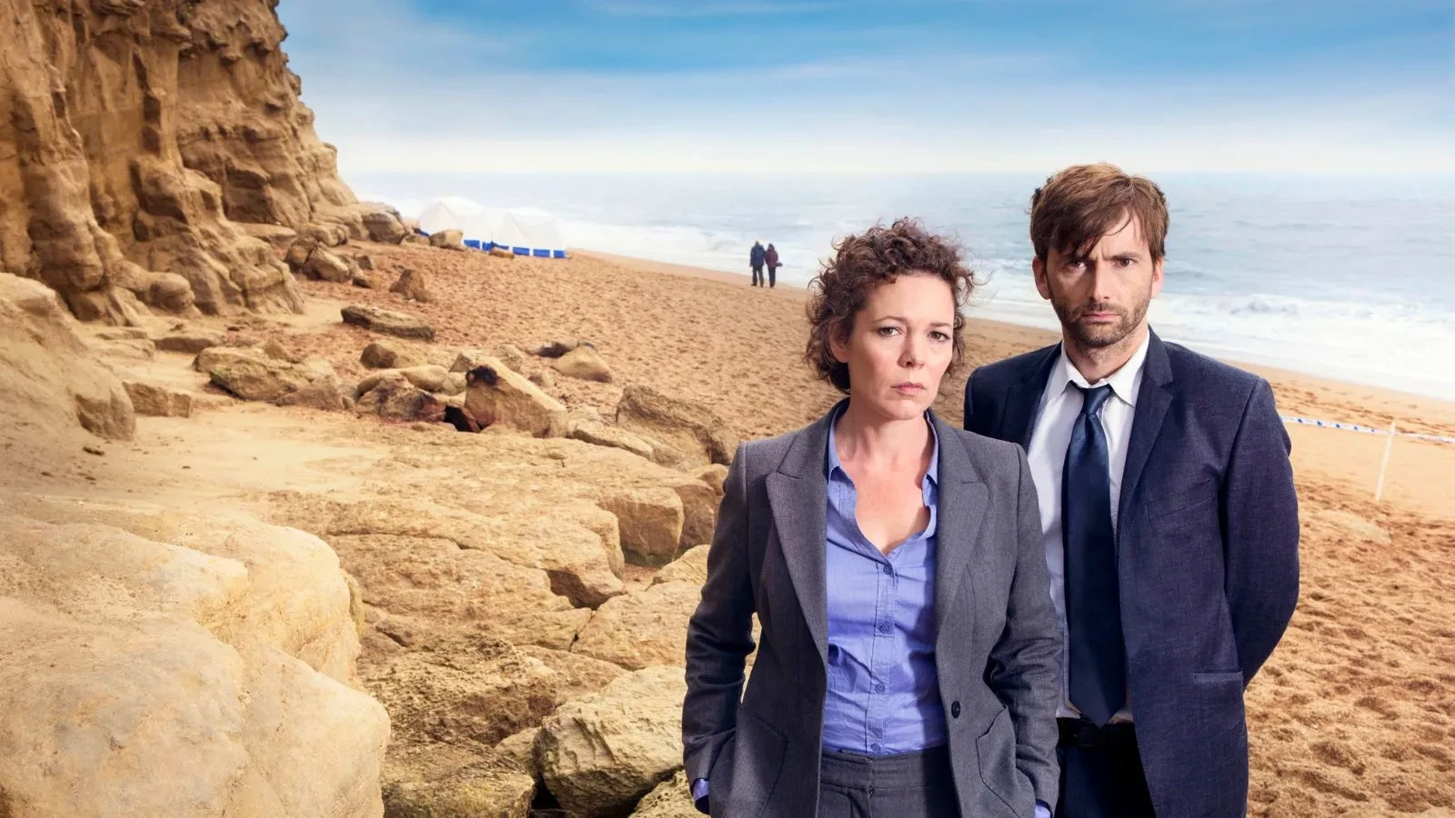 David Tennant and Olivia Colman stood on a beach in Broadchurch