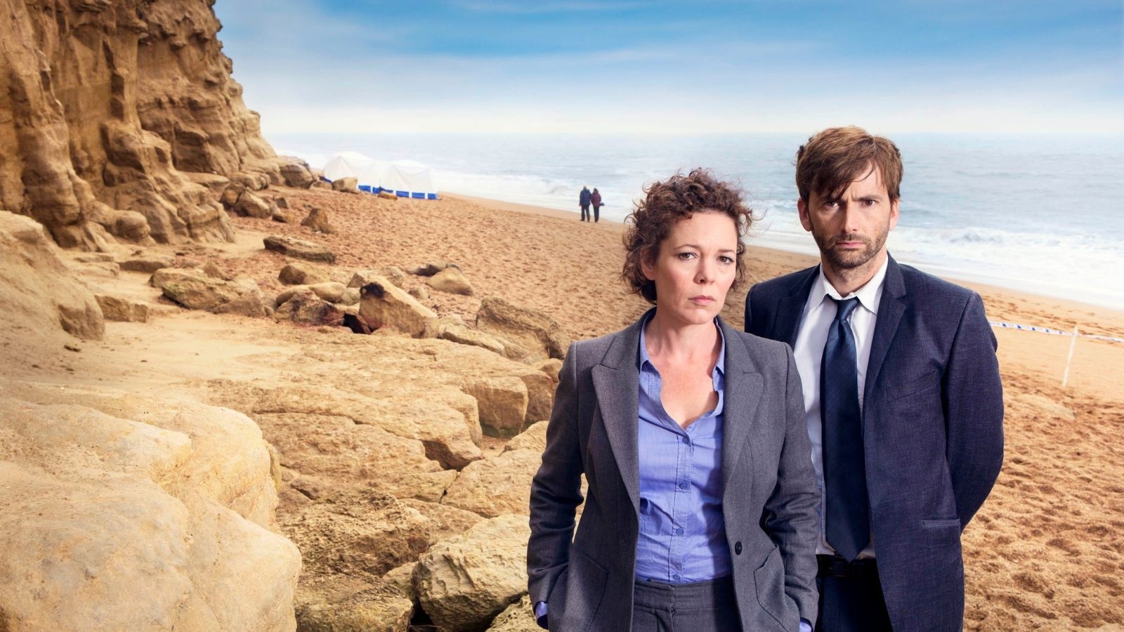 David Tennant and Olivia Colman stood on a beach in Broadchurch