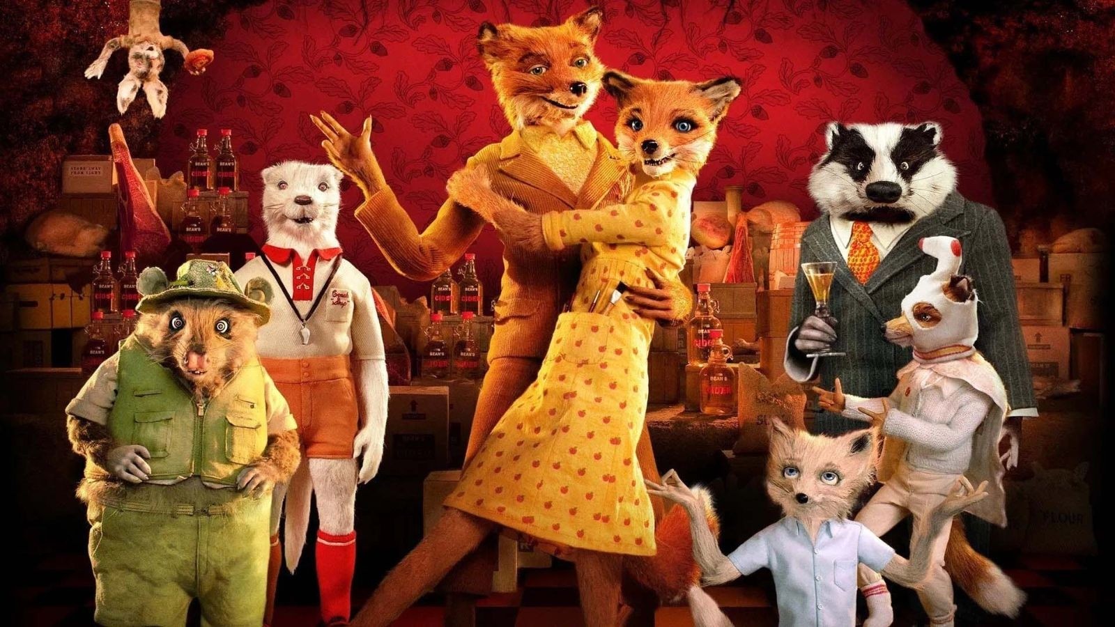 An animation of four Foxes, badgers and a beaver in a wine cellar 