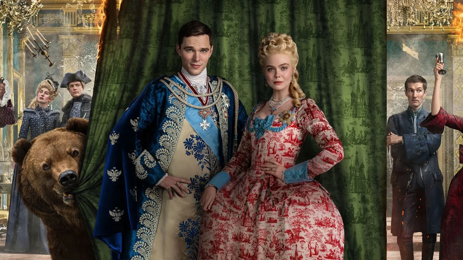 A Russian king and queen in front of a green curtain with a bear to the left and servant to the right