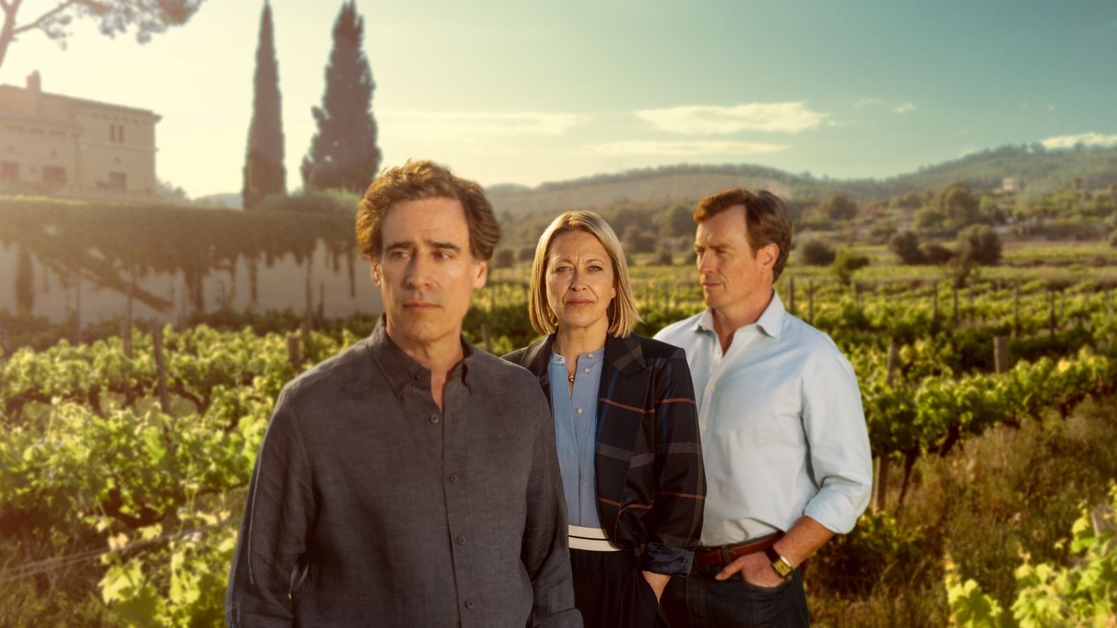 Two men and one women stood in a vineyard, key art for the Split Barcelona