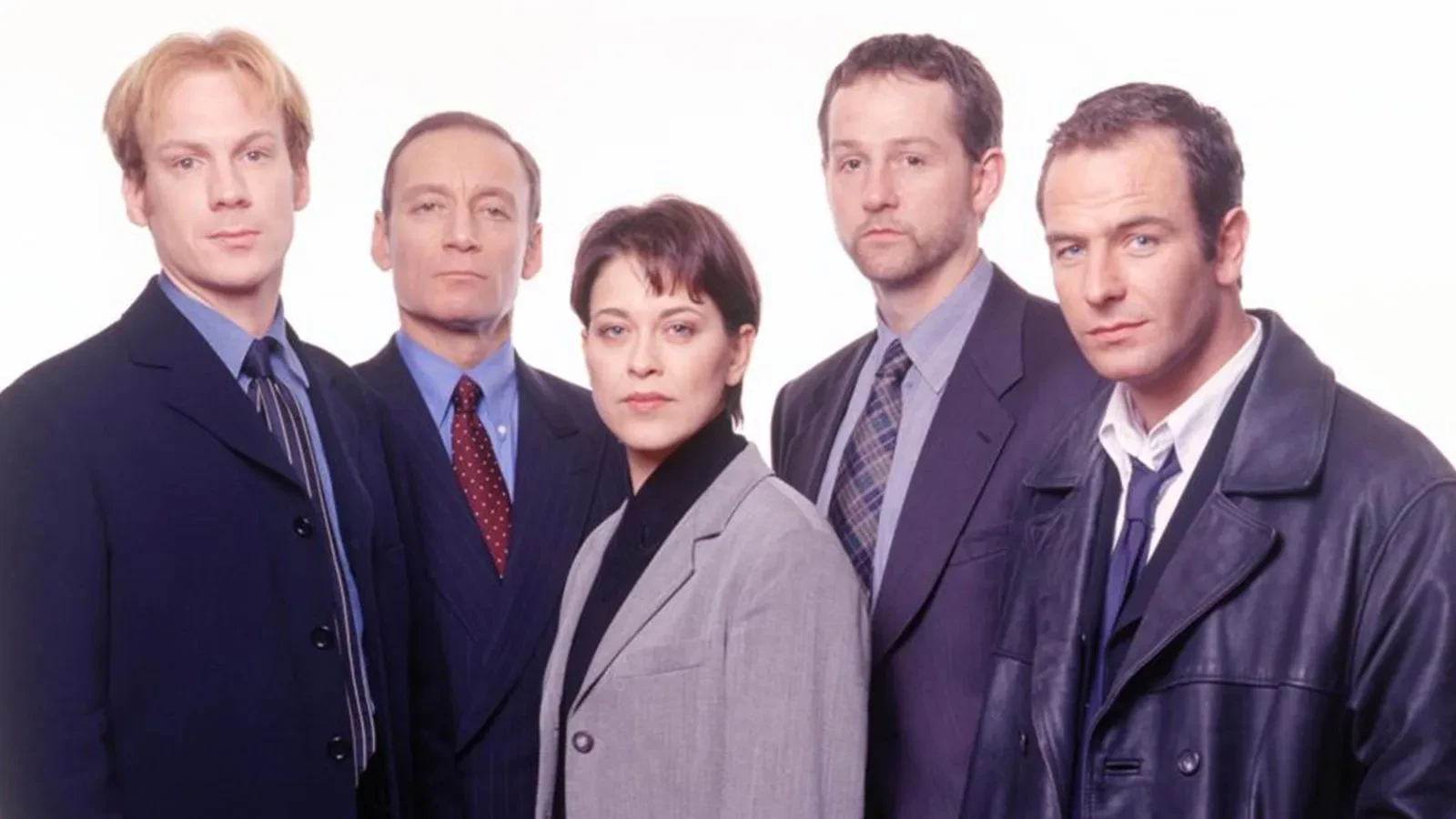 Four men and one women in suits, key art for Touching Evil