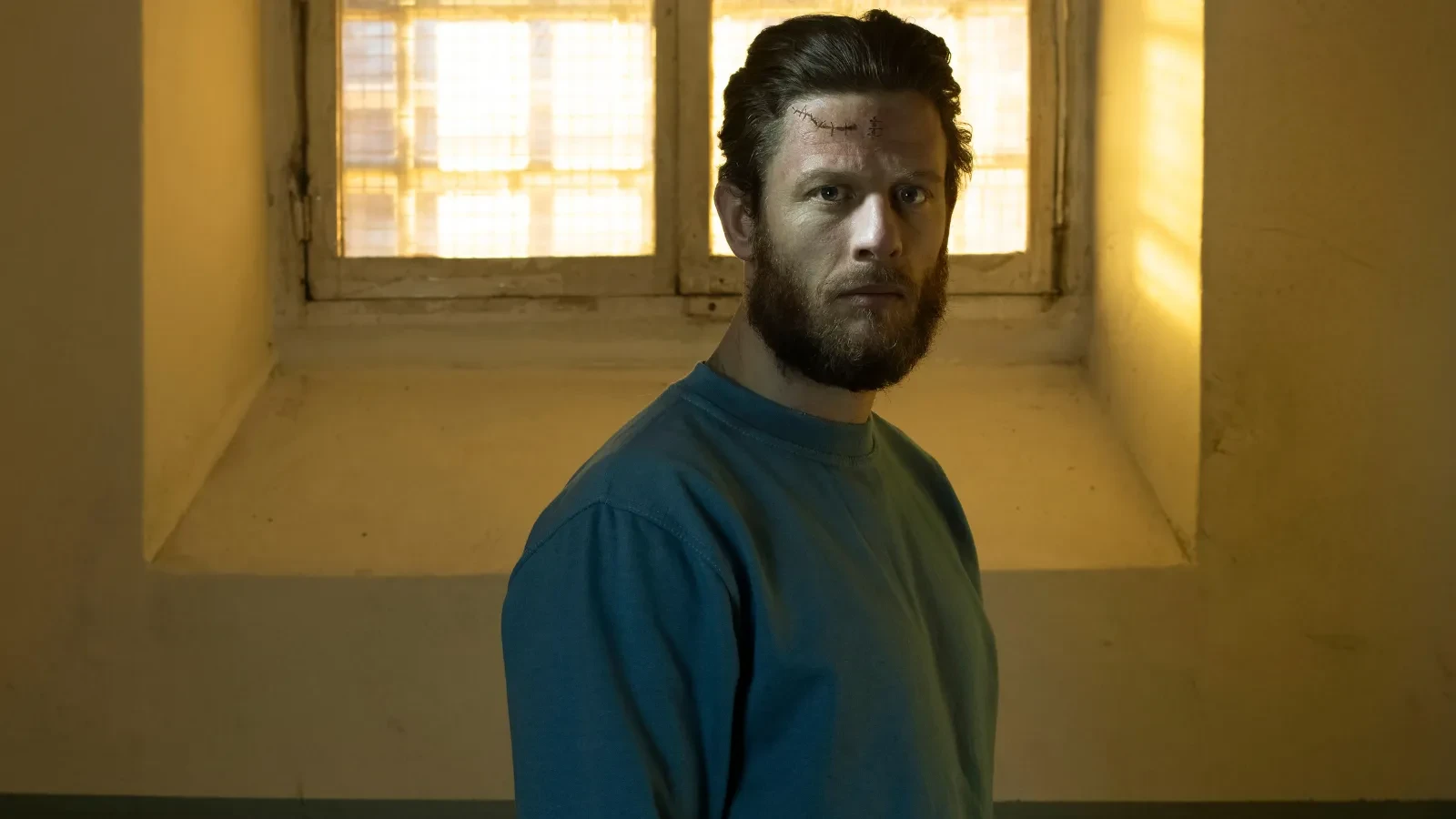 A man with an overgrown beard and blue sweater staring into the camera.
