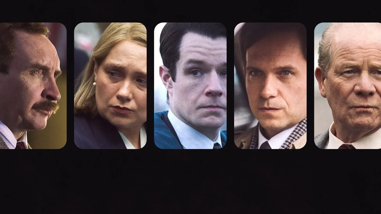 A close up of four men and a women in 80s clothing 