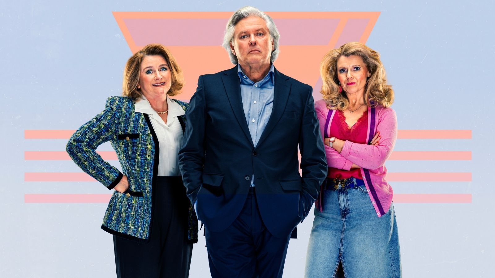 A man and two in 90s style clothing against a colourful backdrop
