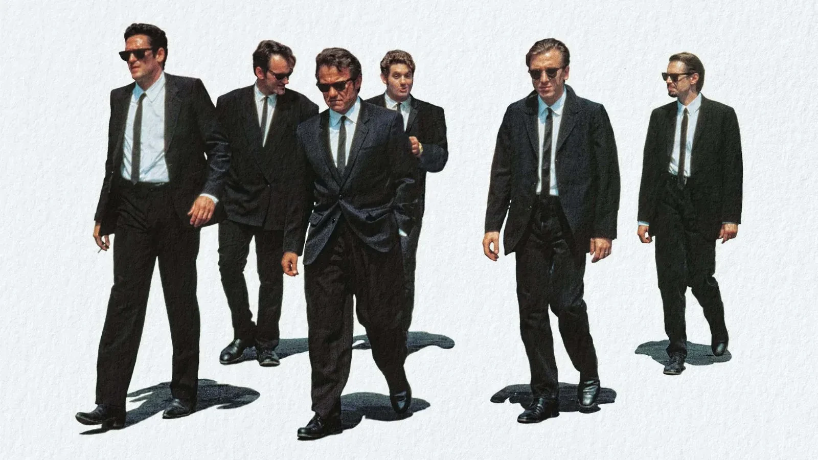 6 men in black suits walking pasta white background