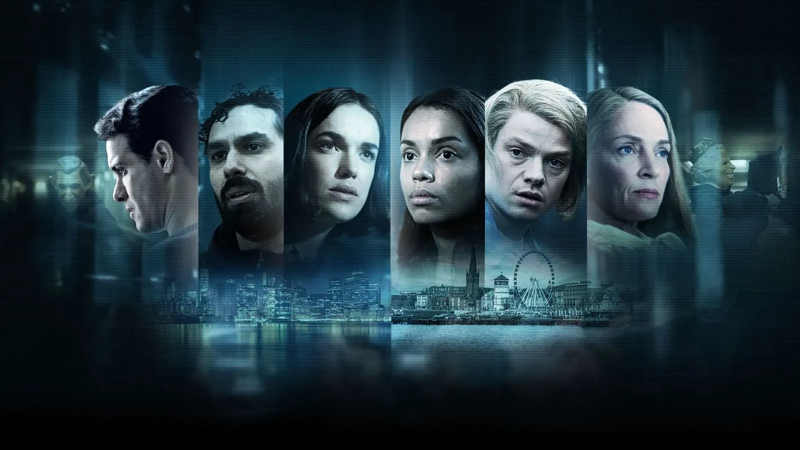 Three men and three women in slots with a blue face and london in the background