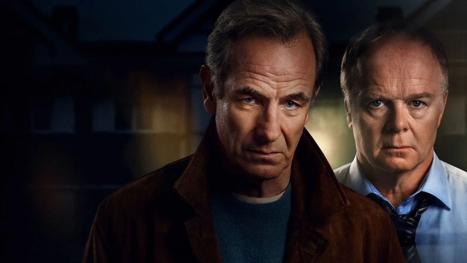 Jason Watkins and Robson Green against a dark background in the show The Gamr