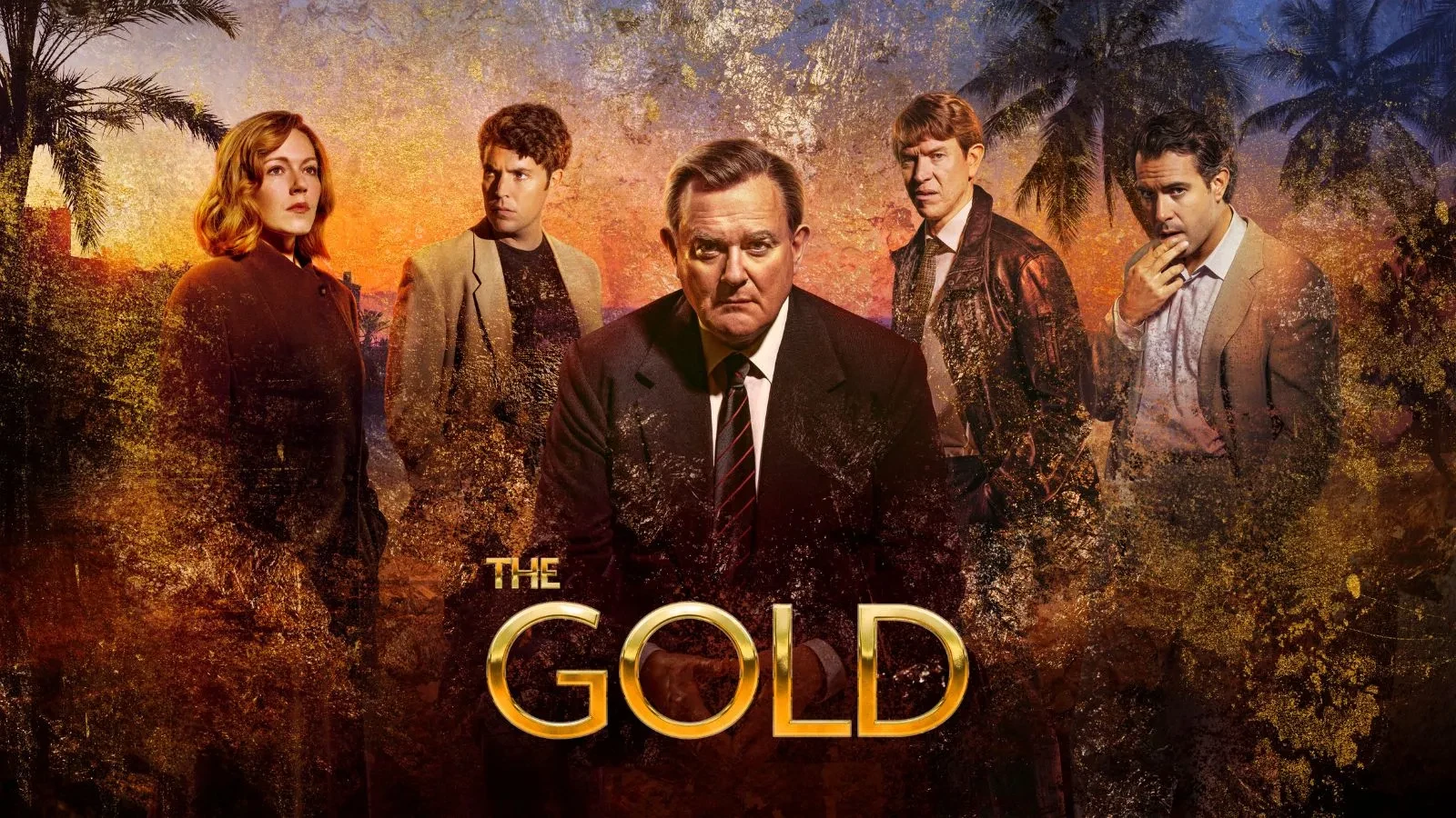 four men and one women in a jungle setting with an orange grain over the image and title that says the gold