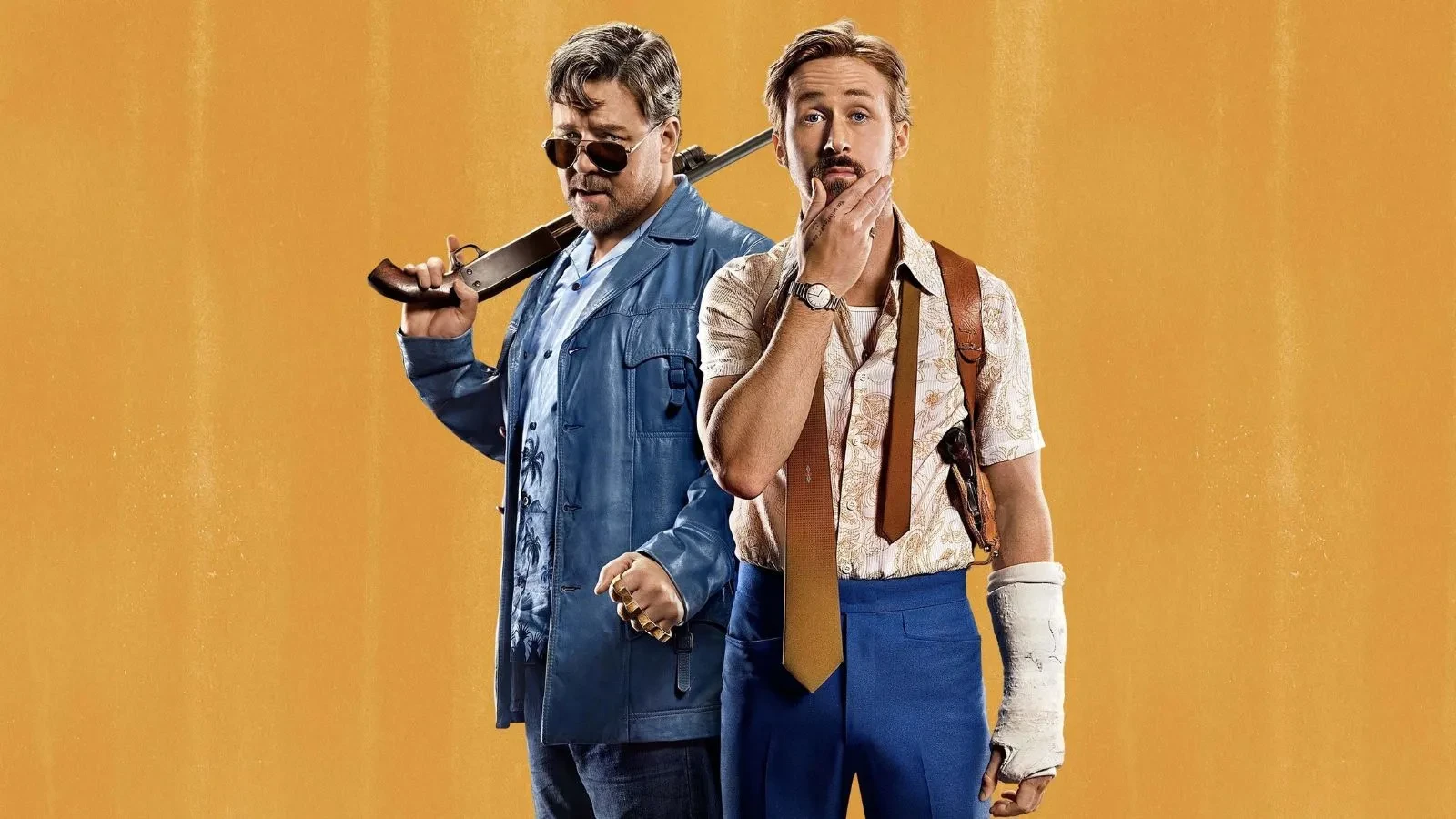 Two men stood against a yellow background, one with a weapon and one with a broken arm