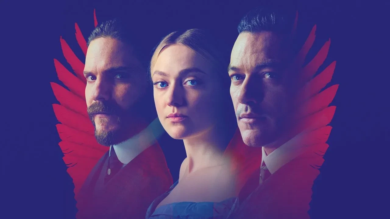 Two men and a women with red wings silhouetting them in the background