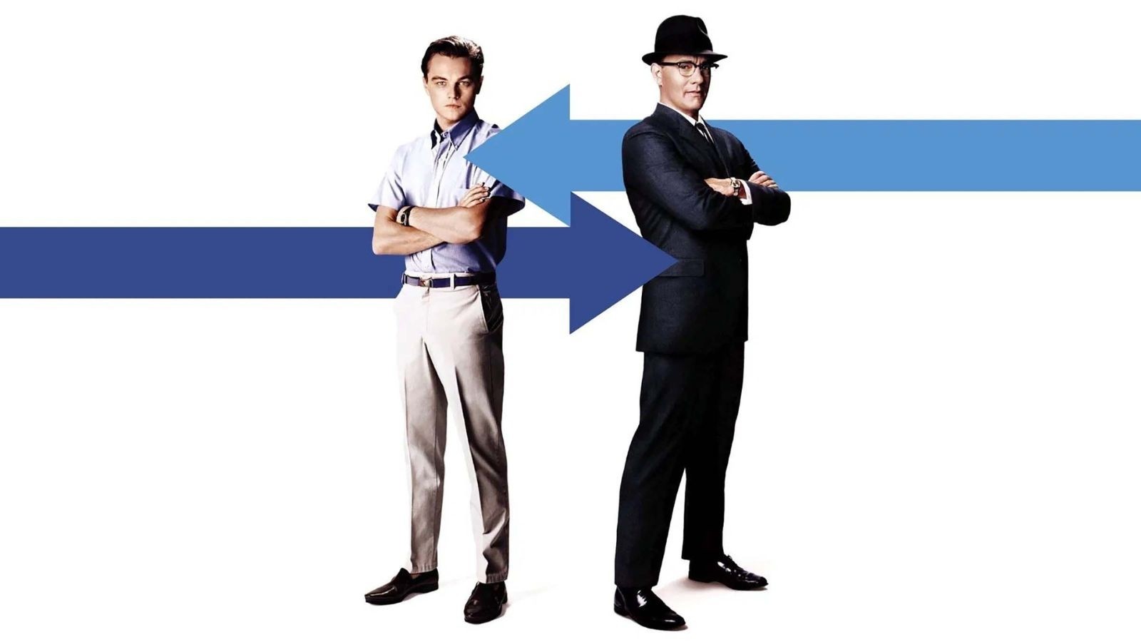 A younger and older man in smart clothing with their arms crossed facing away from eachother. A dark blue arrow behind the younger man and a light blue arrow behind the older man.