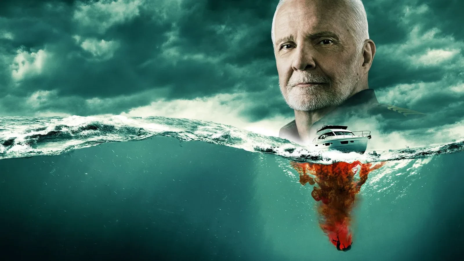 An image of the blue sea with stormy clouds and an older mans head photoshopped above the sea with red blood underneath 