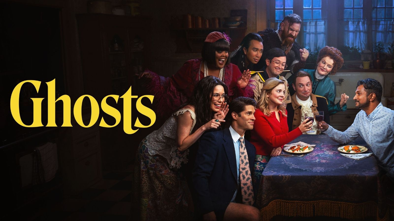 A group of people standing over a couple who are eating their dinner with a glass of wine on a blue table cloth. Yellow writing that reads Ghosts.